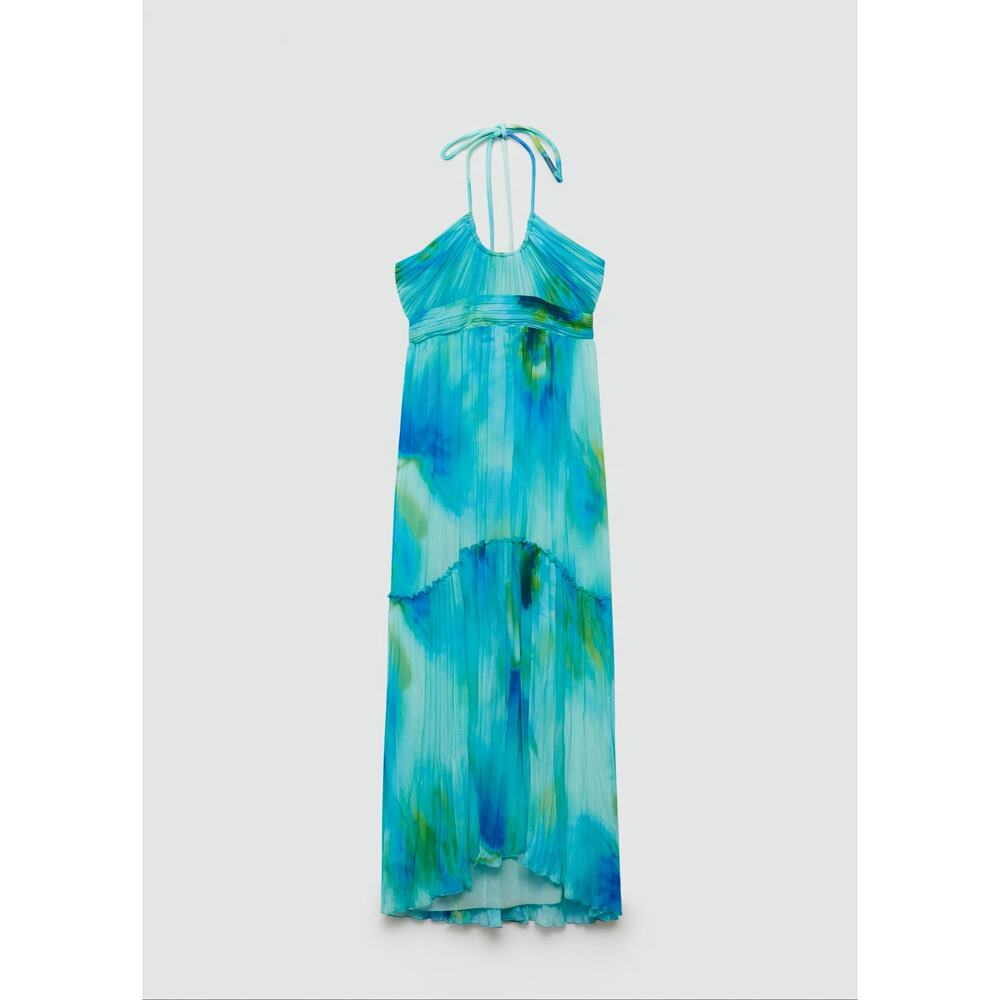 Mango NWT Blue Watercolor Halter Pleated Maxi Dress 6 8 - Picture 16 of 16